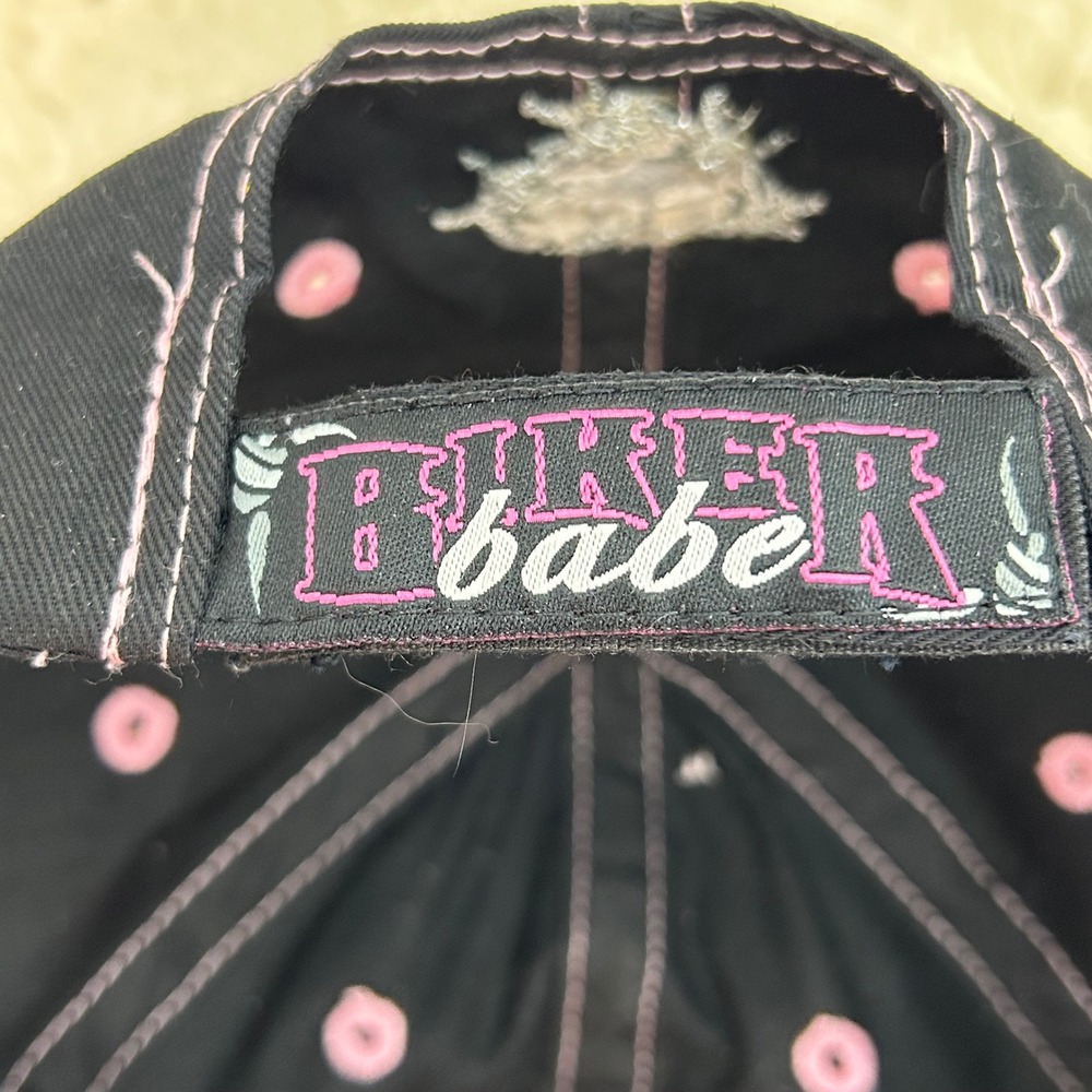Biker Babe Embroidered Baseball Cap Black Pink Rhinestone‎ Heart Barbed Wire Hat - Picture 7 of 9